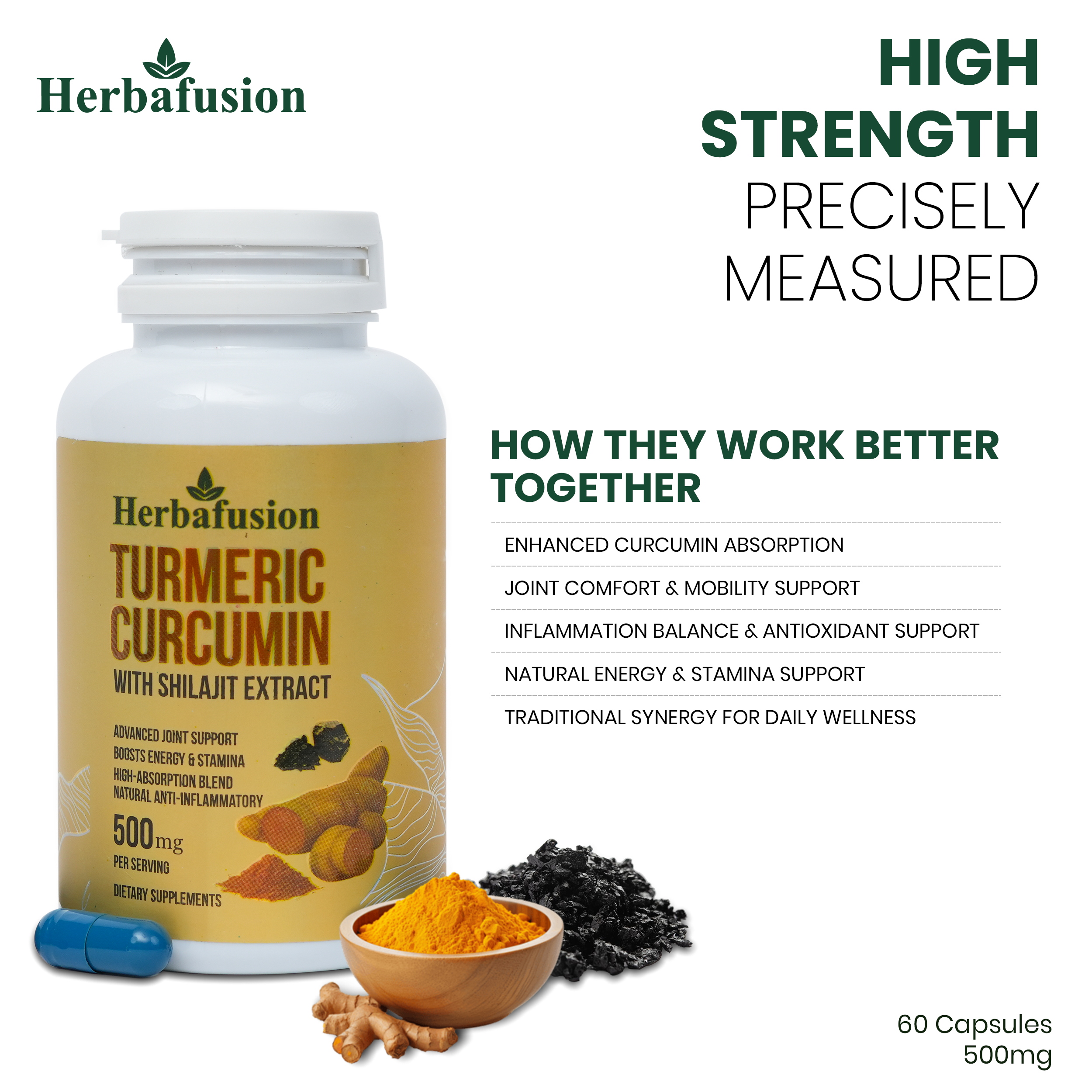 Herbafusion Turmeric Curcumin Supplement with Shilajit Extract – 500 mg