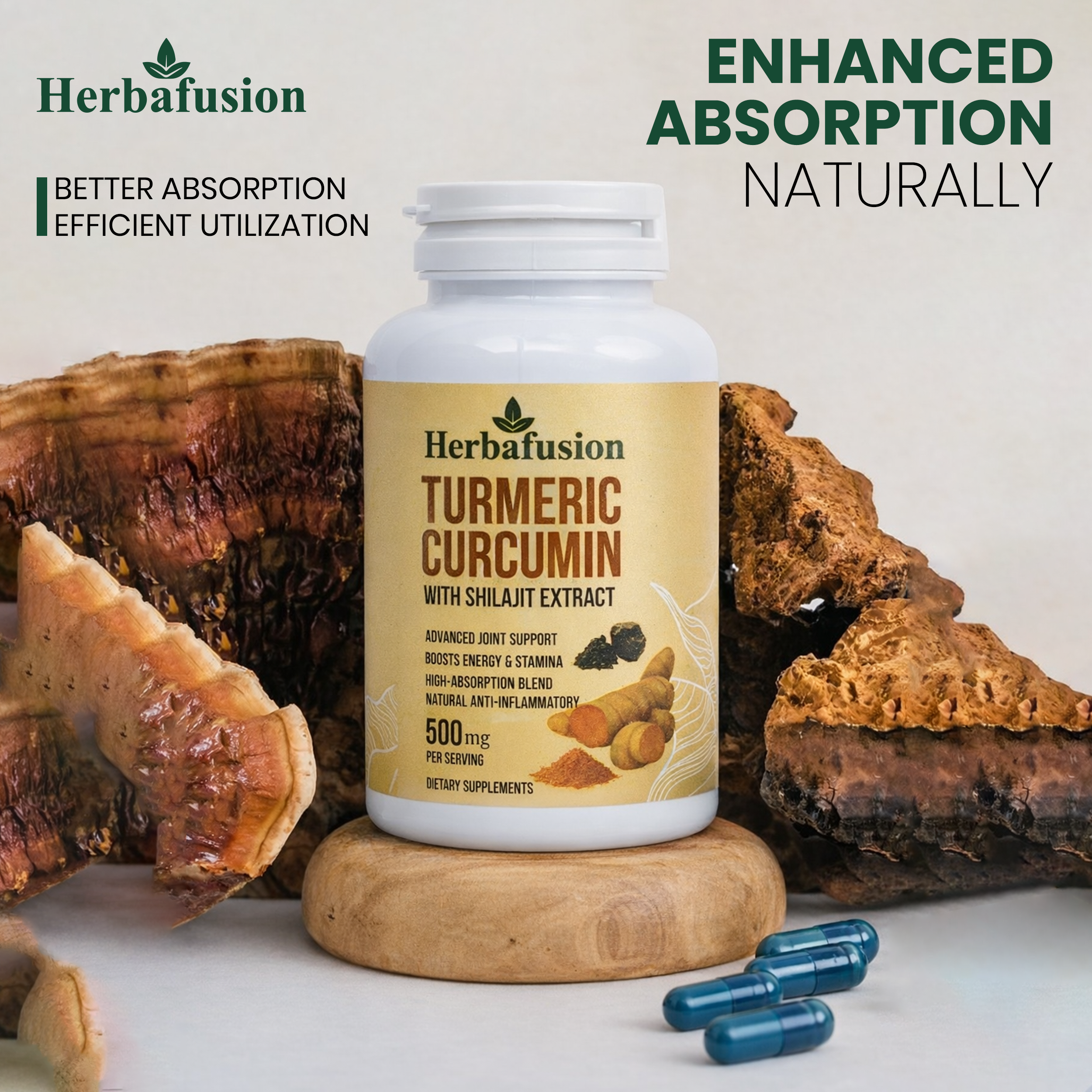 Herbafusion Turmeric Curcumin Supplement with Shilajit Extract – 500 mg