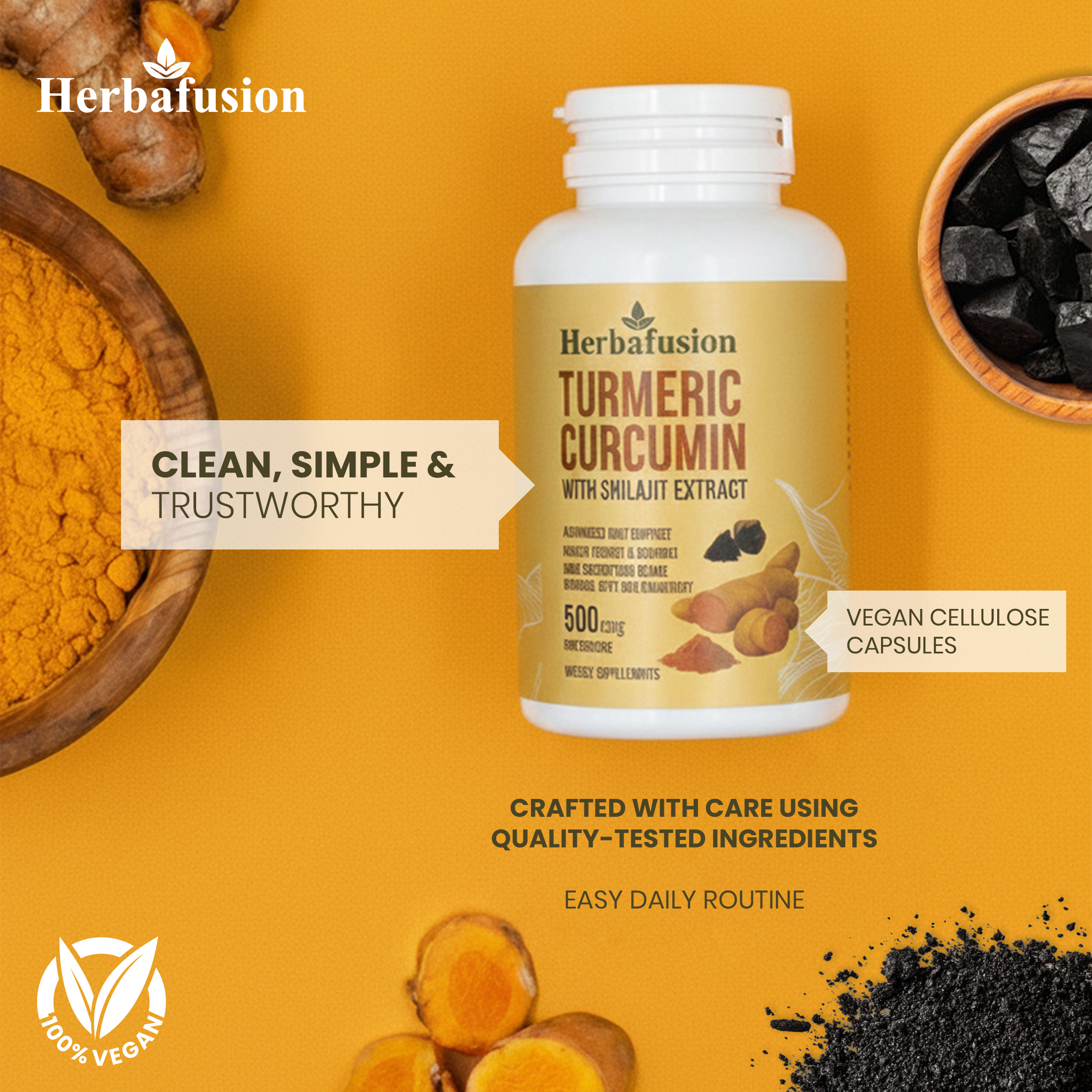 Herbafusion Turmeric Curcumin Supplement with Shilajit Extract – 500 mg